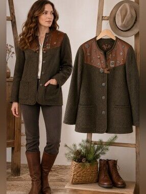 Reine Schurwolle Austrian Loden Wool Jacket Leather Trim Alpine Edelweiss EU 40